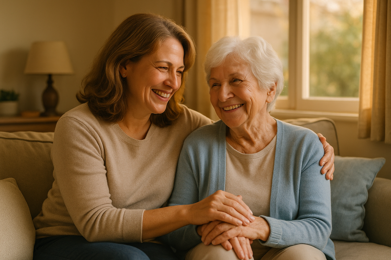 a daughter and mother sitting on a couch smiling